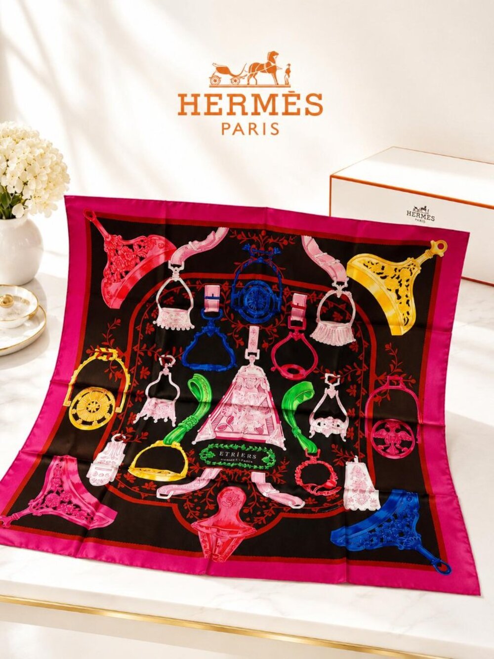 Authnetic Hermès Etriers Carré 90 Silk Scarf Pink Black